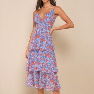 Lulu's Blue & Orange Floral Print Lurex Tiered Midi Dress